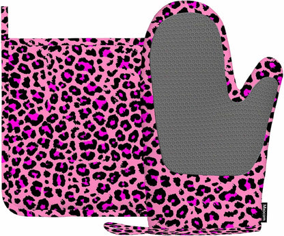 Pink Leopard Skin Pattern Heat-Resistant Oven Mitts and Pot Holder Animal Color Dots Skin Luxury Nature Fur Kitchen Non-Slip Cooking Microwave Gloves for Cooking Baking Grilling