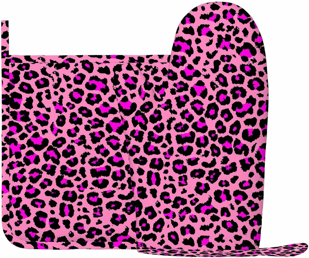 Pink Leopard Skin Pattern Heat-Resistant Oven Mitts and Pot Holder Animal Color Dots Skin Luxury Nature Fur Kitchen Non-Slip Cooking Microwave Gloves for Cooking Baking Grilling