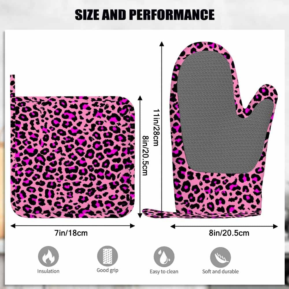 Pink Leopard Skin Pattern Heat-Resistant Oven Mitts and Pot Holder Animal Color Dots Skin Luxury Nature Fur Kitchen Non-Slip Cooking Microwave Gloves for Cooking Baking Grilling