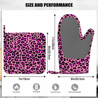 Pink Leopard Skin Pattern Heat-Resistant Oven Mitts and Pot Holder Animal Color Dots Skin Luxury Nature Fur Kitchen Non-Slip Cooking Microwave Gloves for Cooking Baking Grilling