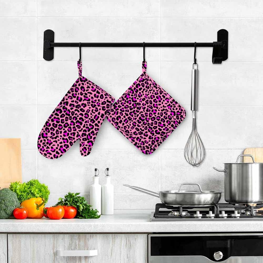 Pink Leopard Skin Pattern Heat-Resistant Oven Mitts and Pot Holder Animal Color Dots Skin Luxury Nature Fur Kitchen Non-Slip Cooking Microwave Gloves for Cooking Baking Grilling