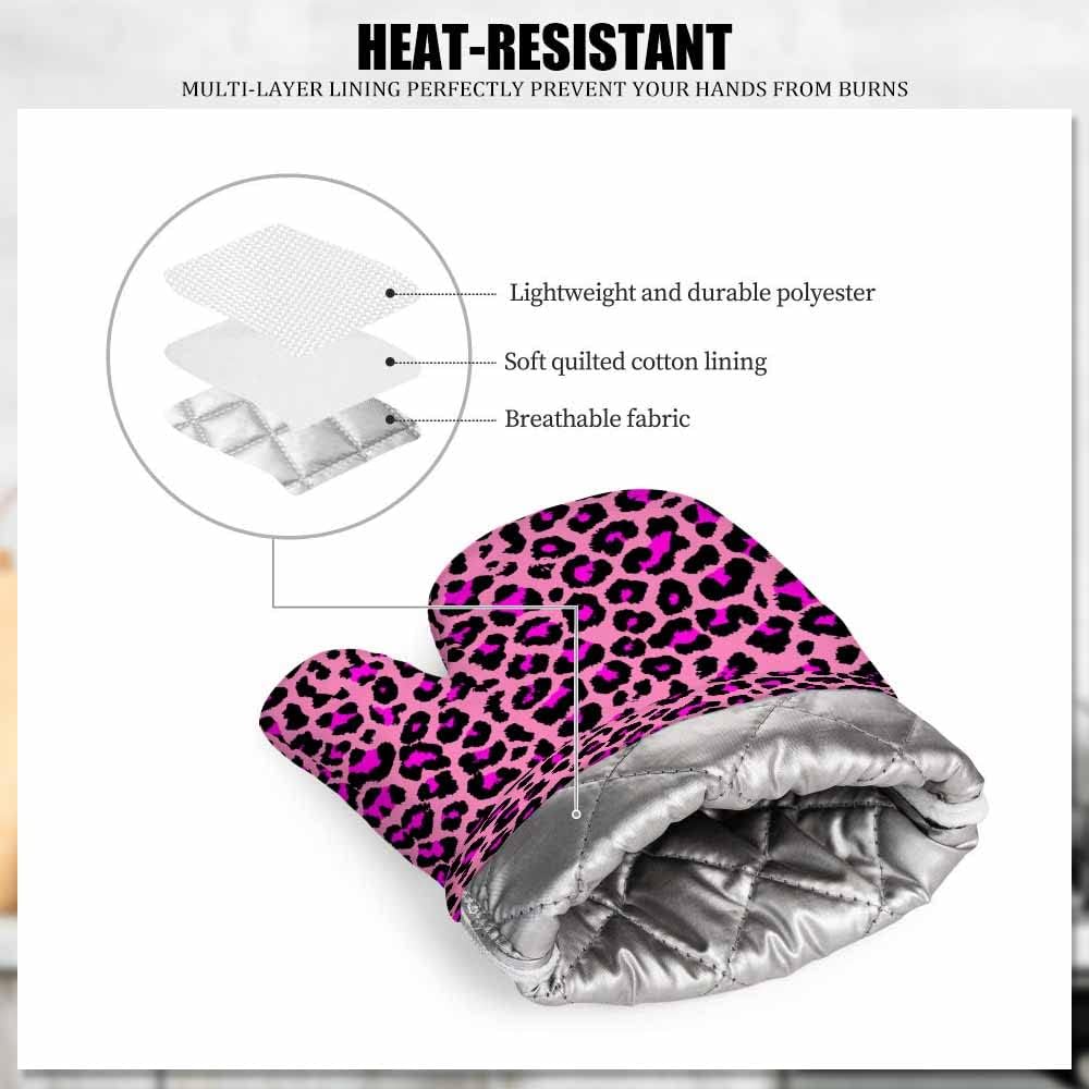 Pink Leopard Skin Pattern Heat-Resistant Oven Mitts and Pot Holder Animal Color Dots Skin Luxury Nature Fur Kitchen Non-Slip Cooking Microwave Gloves for Cooking Baking Grilling