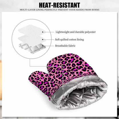 Pink Leopard Skin Pattern Heat-Resistant Oven Mitts and Pot Holder Animal Color Dots Skin Luxury Nature Fur Kitchen Non-Slip Cooking Microwave Gloves for Cooking Baking Grilling