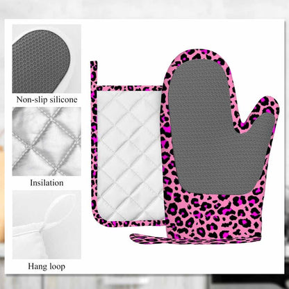 Pink Leopard Skin Pattern Heat-Resistant Oven Mitts and Pot Holder Animal Color Dots Skin Luxury Nature Fur Kitchen Non-Slip Cooking Microwave Gloves for Cooking Baking Grilling