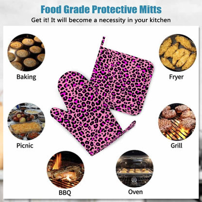 Pink Leopard Skin Pattern Heat-Resistant Oven Mitts and Pot Holder Animal Color Dots Skin Luxury Nature Fur Kitchen Non-Slip Cooking Microwave Gloves for Cooking Baking Grilling