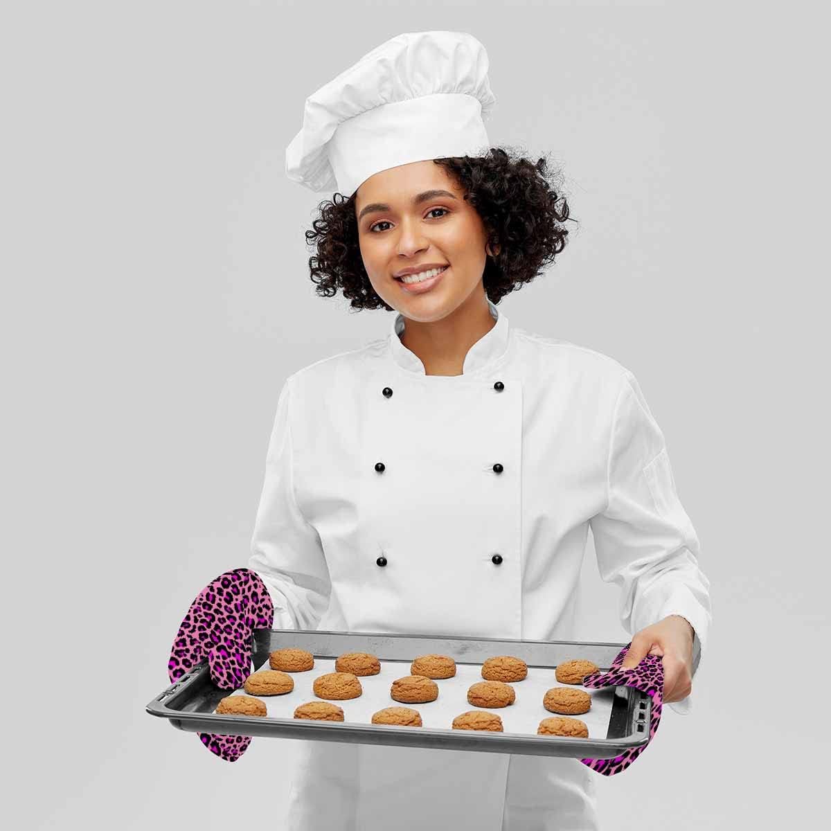 Pink Leopard Skin Pattern Heat-Resistant Oven Mitts and Pot Holder Animal Color Dots Skin Luxury Nature Fur Kitchen Non-Slip Cooking Microwave Gloves for Cooking Baking Grilling