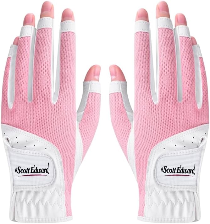 1 Pair Open-Finger Women's Golf Gloves 2 Pack Left Right Hand Lady Fingerless Golf Gloves PU and Microfiber Breathable Mesh Fabric Cool and Comfortable
