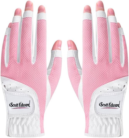1 Pair Open-Finger Women's Golf Gloves 2 Pack Left Right Hand Lady Fingerless Golf Gloves PU and Microfiber Breathable Mesh Fabric Cool and Comfortable