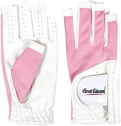 1 Pair Open-Finger Women's Golf Gloves 2 Pack Left Right Hand Lady Fingerless Golf Gloves PU and Microfiber Breathable Mesh Fabric Cool and Comfortable