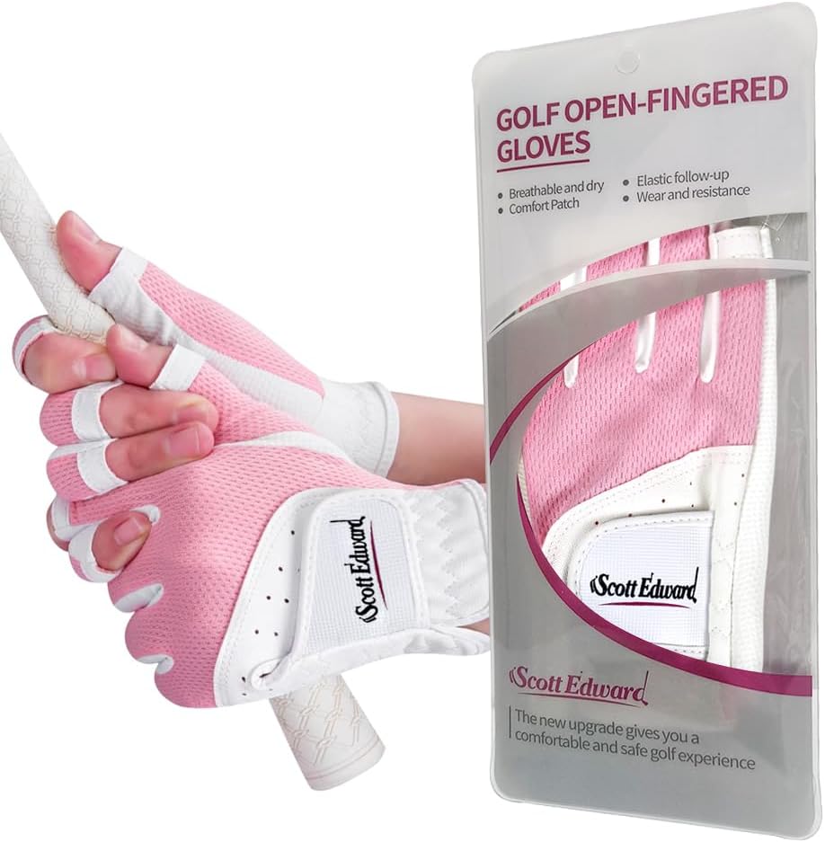 1 Pair Open-Finger Women's Golf Gloves 2 Pack Left Right Hand Lady Fingerless Golf Gloves PU and Microfiber Breathable Mesh Fabric Cool and Comfortable