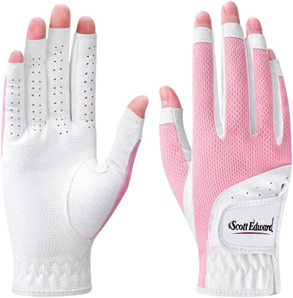 1 Pair Open-Finger Women's Golf Gloves 2 Pack Left Right Hand Lady Fingerless Golf Gloves PU and Microfiber Breathable Mesh Fabric Cool and Comfortable