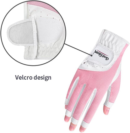 1 Pair Open-Finger Women's Golf Gloves 2 Pack Left Right Hand Lady Fingerless Golf Gloves PU and Microfiber Breathable Mesh Fabric Cool and Comfortable
