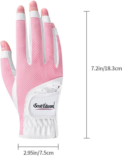 1 Pair Open-Finger Women's Golf Gloves 2 Pack Left Right Hand Lady Fingerless Golf Gloves PU and Microfiber Breathable Mesh Fabric Cool and Comfortable