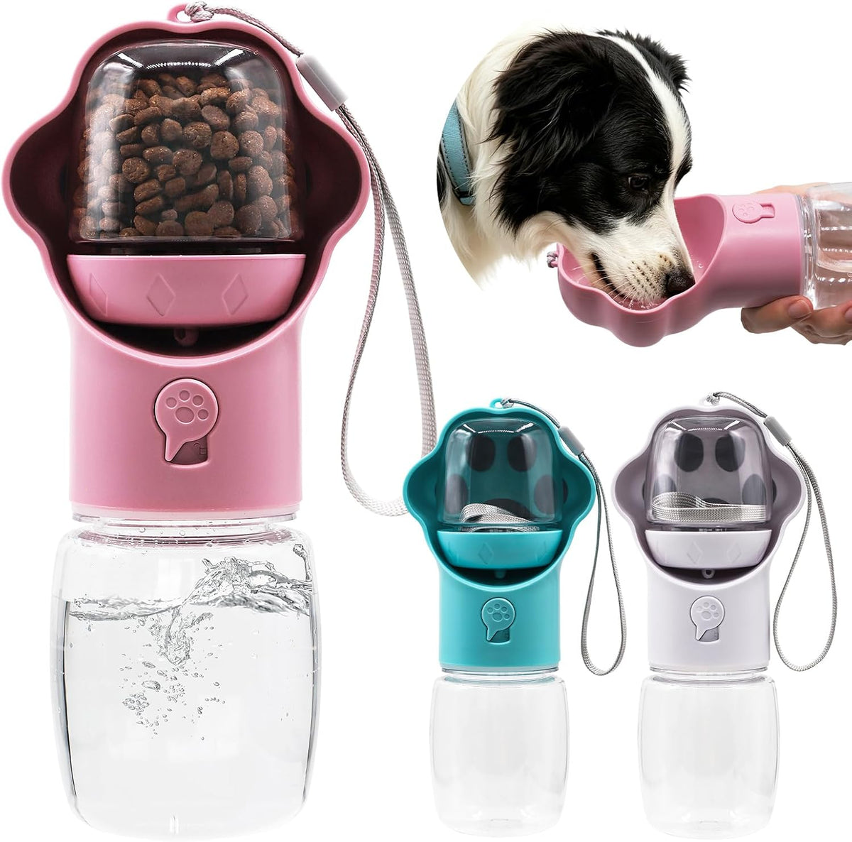 Dog Water Bottle with Food Container, Portable Pet Dispenser, Leak Proof, Hiking, Puppy Travel, Outdoor Activities(11.16 fl.oz/330ml, Pink)