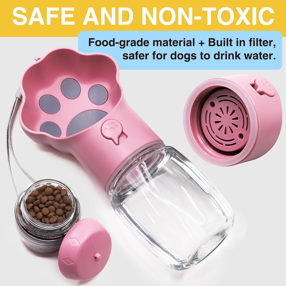 Dog Water Bottle with Food Container, Portable Pet Dispenser, Leak Proof, Hiking, Puppy Travel, Outdoor Activities(11.16 fl.oz/330ml, Pink)