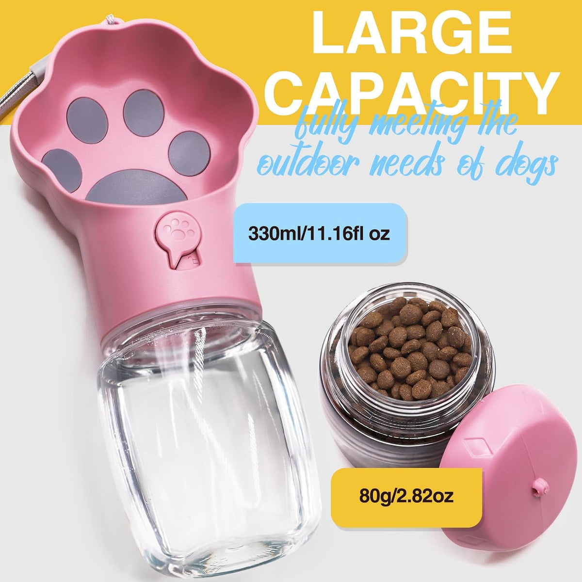 Dog Water Bottle with Food Container, Portable Pet Dispenser, Leak Proof, Hiking, Puppy Travel, Outdoor Activities(11.16 fl.oz/330ml, Pink)