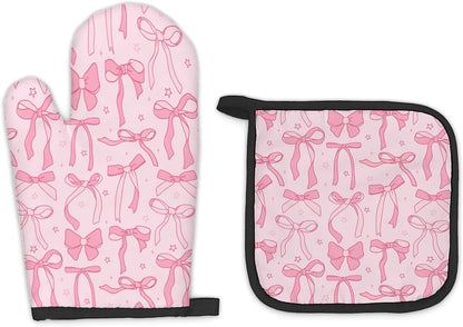 Pink Bow Coquette Decor Oven Mitts and Pot Holders Sets, PinkCoquette Preppy Kitchen Accessories Sets, Pink Ribbon Bow Preppy Heat Resistant Oven Glove Potholders for Kitchen Cooking Baking