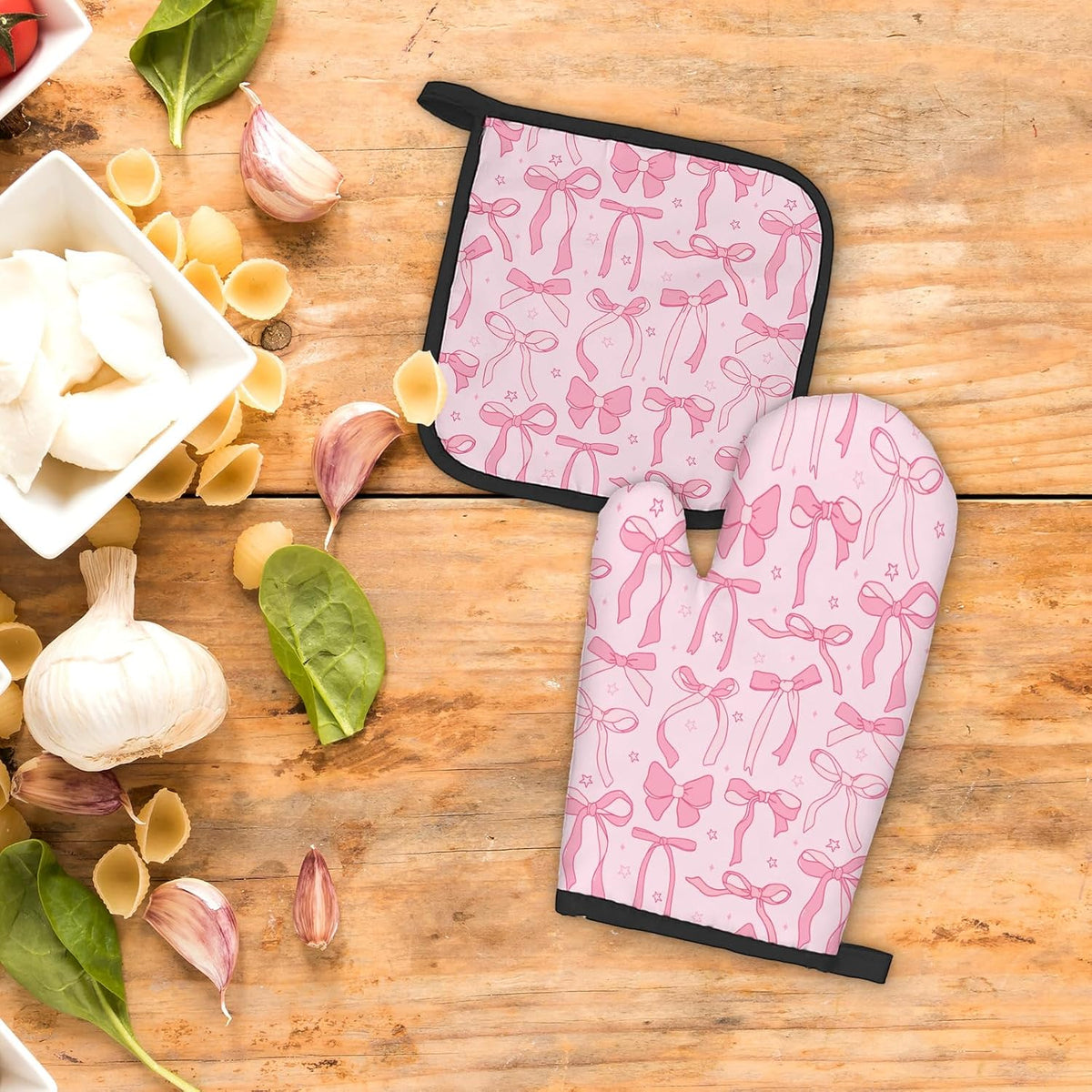 Pink Bow Coquette Decor Oven Mitts and Pot Holders Sets, PinkCoquette Preppy Kitchen Accessories Sets, Pink Ribbon Bow Preppy Heat Resistant Oven Glove Potholders for Kitchen Cooking Baking