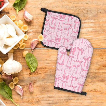 Pink Bow Coquette Decor Oven Mitts and Pot Holders Sets, PinkCoquette Preppy Kitchen Accessories Sets, Pink Ribbon Bow Preppy Heat Resistant Oven Glove Potholders for Kitchen Cooking Baking
