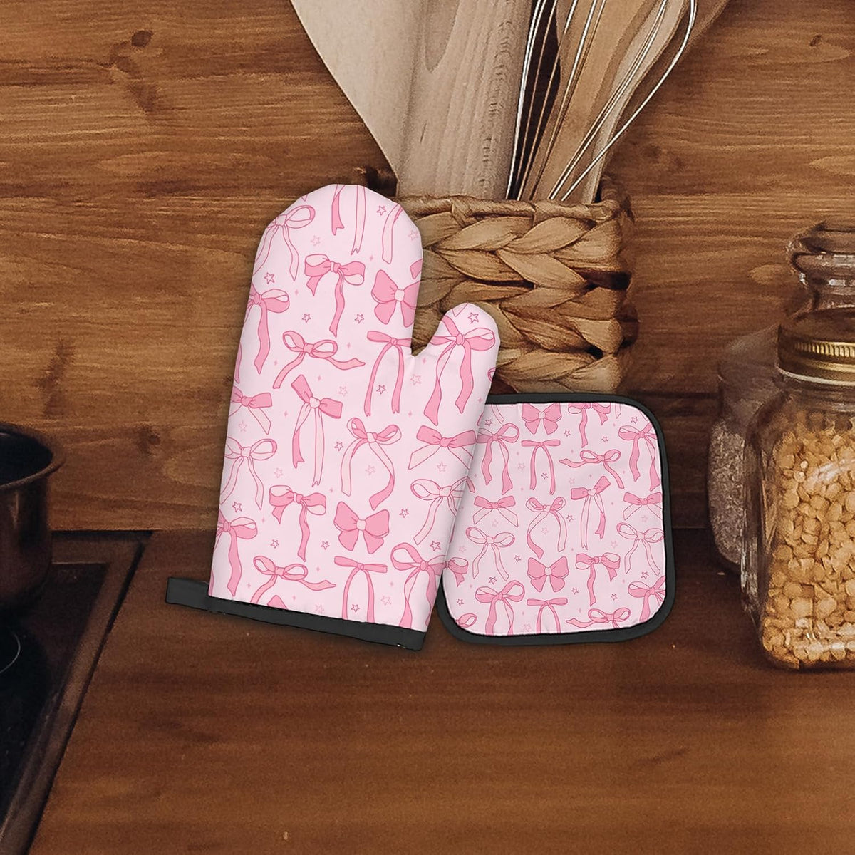 Pink Bow Coquette Decor Oven Mitts and Pot Holders Sets, PinkCoquette Preppy Kitchen Accessories Sets, Pink Ribbon Bow Preppy Heat Resistant Oven Glove Potholders for Kitchen Cooking Baking