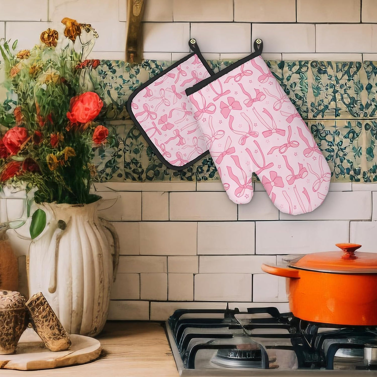 Pink Bow Coquette Decor Oven Mitts and Pot Holders Sets, PinkCoquette Preppy Kitchen Accessories Sets, Pink Ribbon Bow Preppy Heat Resistant Oven Glove Potholders for Kitchen Cooking Baking