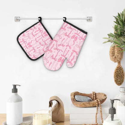 Pink Bow Coquette Decor Oven Mitts and Pot Holders Sets, PinkCoquette Preppy Kitchen Accessories Sets, Pink Ribbon Bow Preppy Heat Resistant Oven Glove Potholders for Kitchen Cooking Baking