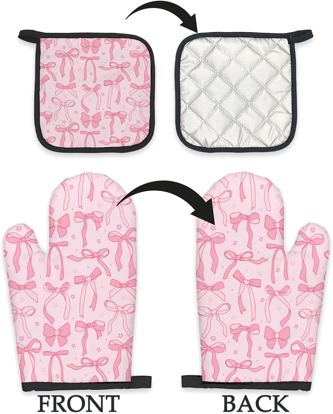 Pink Bow Coquette Decor Oven Mitts and Pot Holders Sets, PinkCoquette Preppy Kitchen Accessories Sets, Pink Ribbon Bow Preppy Heat Resistant Oven Glove Potholders for Kitchen Cooking Baking