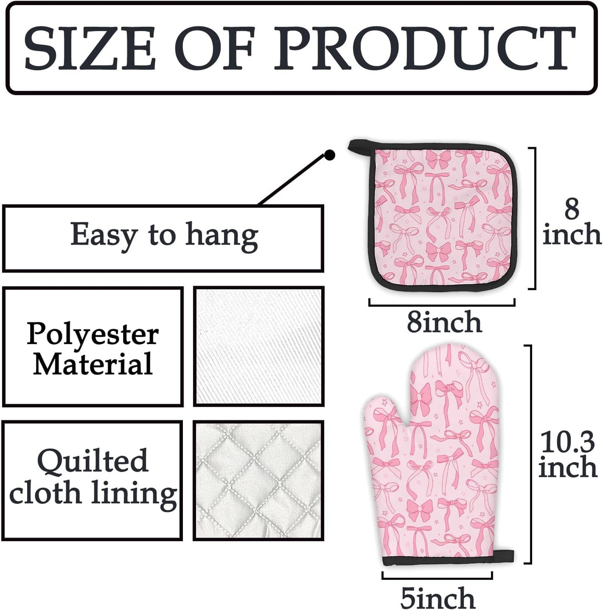 Pink Bow Coquette Decor Oven Mitts and Pot Holders Sets, PinkCoquette Preppy Kitchen Accessories Sets, Pink Ribbon Bow Preppy Heat Resistant Oven Glove Potholders for Kitchen Cooking Baking