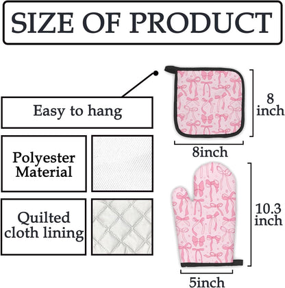 Pink Bow Coquette Decor Oven Mitts and Pot Holders Sets, PinkCoquette Preppy Kitchen Accessories Sets, Pink Ribbon Bow Preppy Heat Resistant Oven Glove Potholders for Kitchen Cooking Baking
