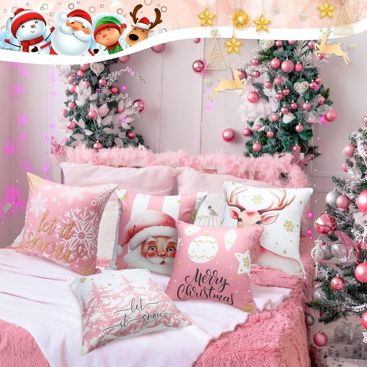 6 Pcs Pillow Covers 18x18 Pink Xmas