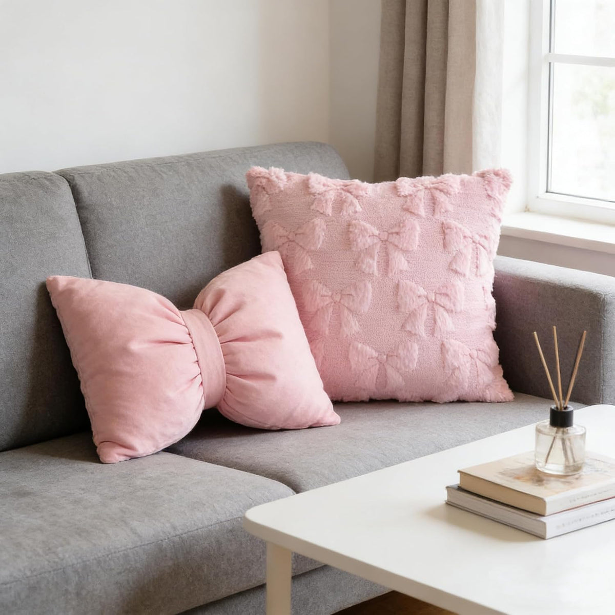 2pcs Light Pink Bow Pillow Covers Room Decor Aesthetic Decorative Valentine Throw Pillow Soft Plush Faux Pillowcase for Room Decor Bedroom Couch 18x18 Inch(2, Pink, 17.7x17.7inches)