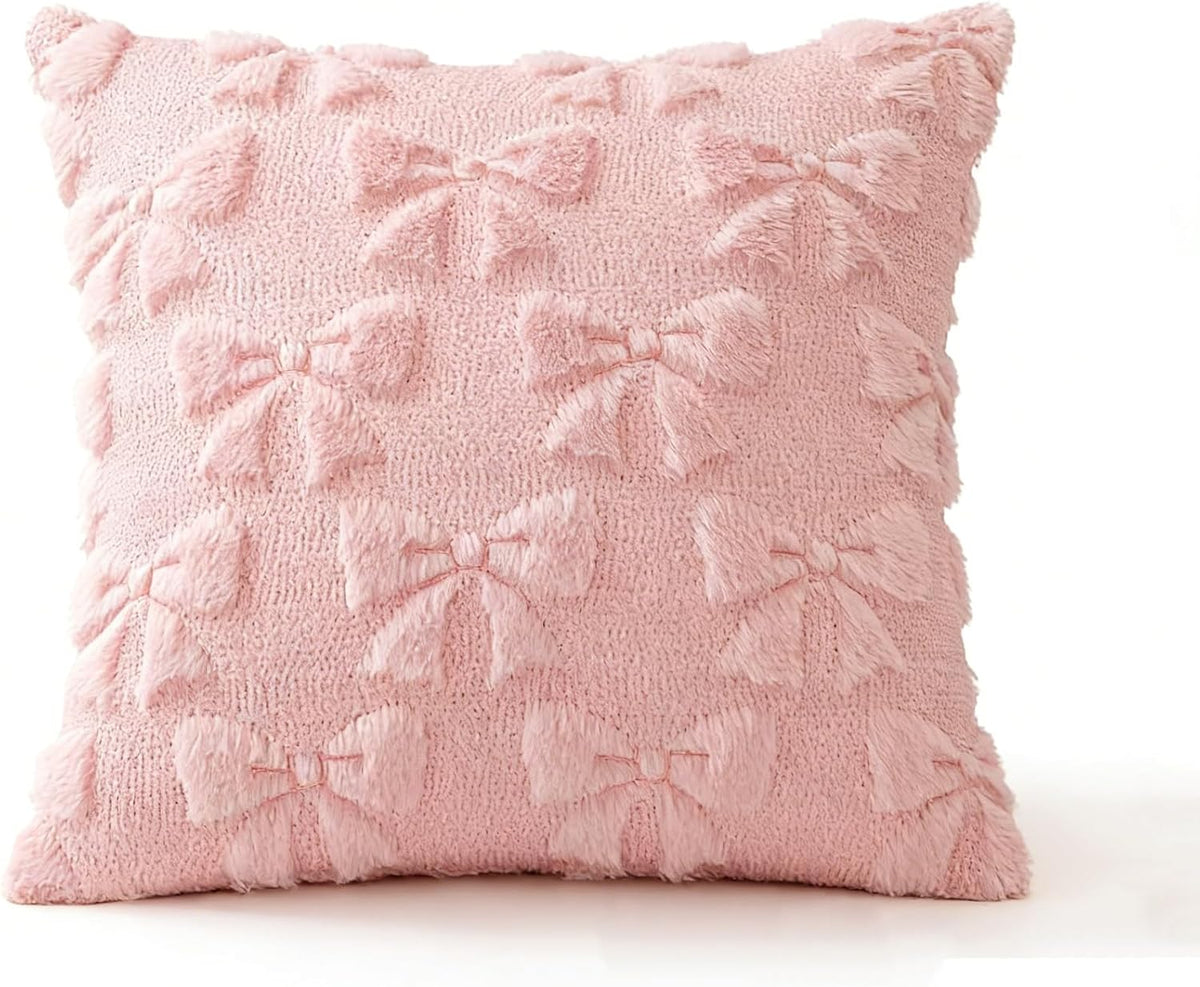 2pcs Light Pink Bow Pillow Covers Room Decor Aesthetic Decorative Valentine Throw Pillow Soft Plush Faux Pillowcase for Room Decor Bedroom Couch 18x18 Inch(2, Pink, 17.7x17.7inches)