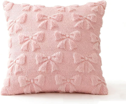 2pcs Light Pink Bow Pillow Covers Room Decor Aesthetic Decorative Valentine Throw Pillow Soft Plush Faux Pillowcase for Room Decor Bedroom Couch 18x18 Inch(2, Pink, 17.7x17.7inches)