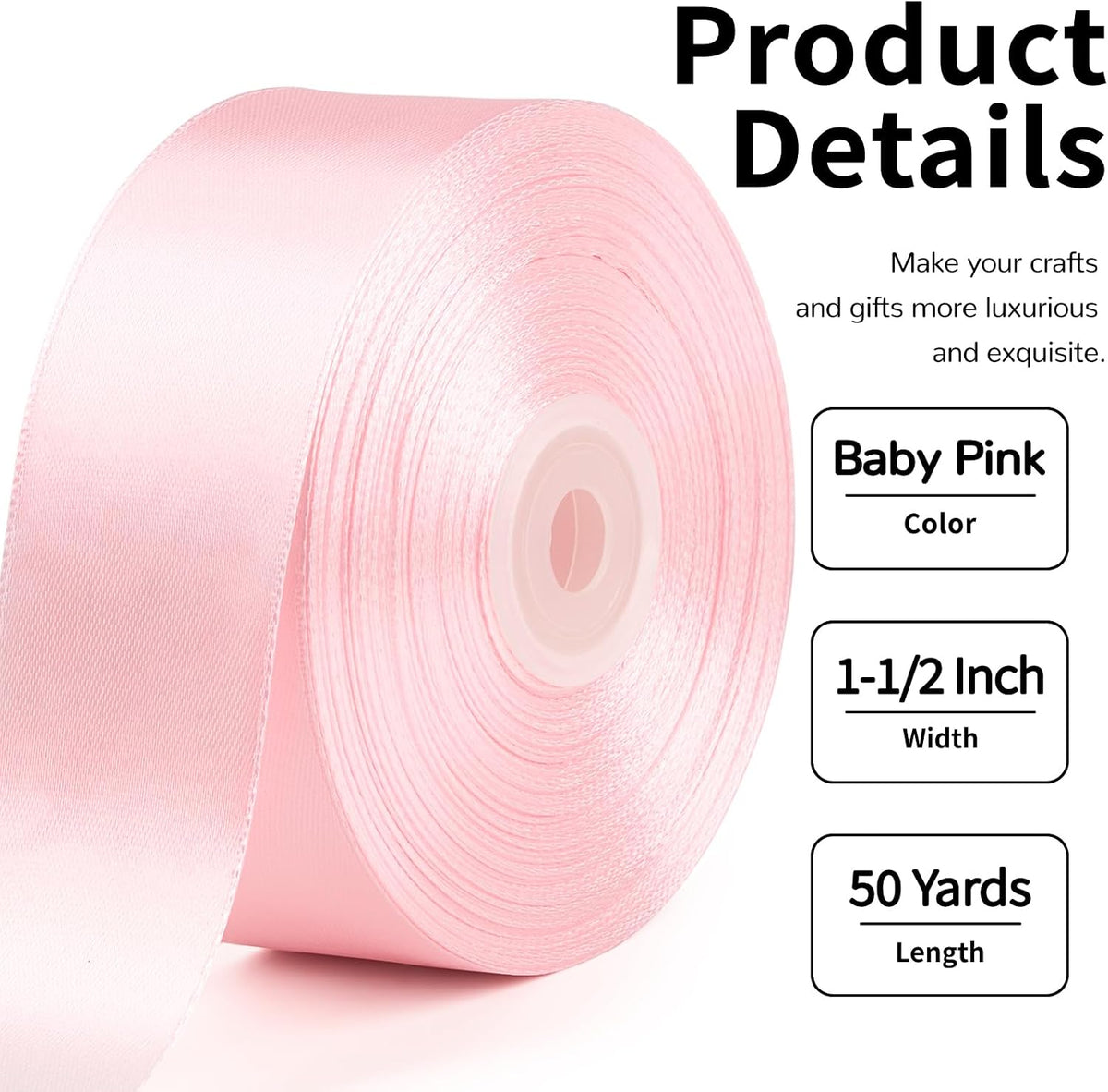 Baby Pink Satin Ribbon, 1-1/2 Inch, 50 Yards