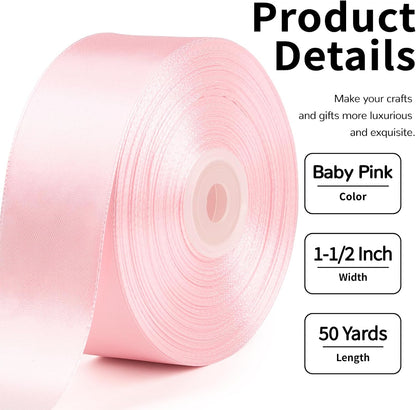 Baby Pink Satin Ribbon, 1-1/2 Inch, 50 Yards