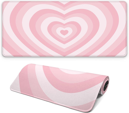 Gaming Mouse Pad with Non-Slip Base, Cute Mouse Mat with Stitched Edges for Keyboard and Mouse, Large Anime Mousepad for Computer, 31.5 x 11.8 inches (Pink Heart)