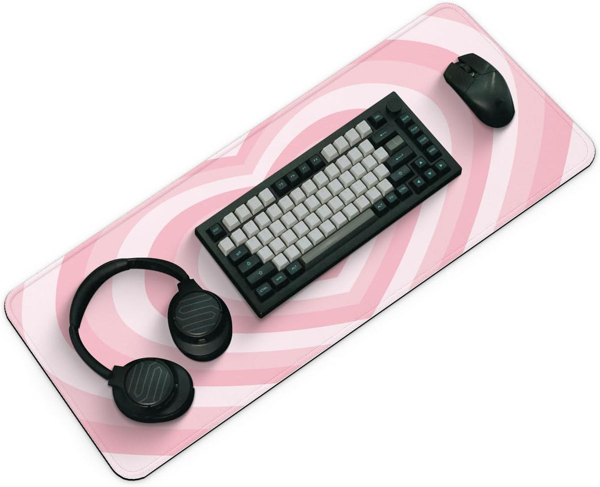 Gaming Mouse Pad with Non-Slip Base, Cute Mouse Mat with Stitched Edges for Keyboard and Mouse, Large Anime Mousepad for Computer, 31.5 x 11.8 inches (Pink Heart)