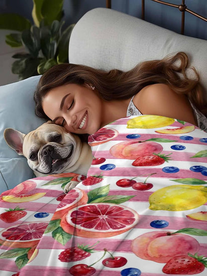 Cal King Size Flat Sheet Only, Summer Peach Lemon Grapefruit Bed Top Sheet Soft Microfiber Breathable Bedding Flat Sheets, Blueberry Strawberry Pink Stripe Top Sheets Hotel Luxury