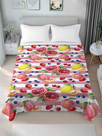 Cal King Size Flat Sheet Only, Summer Peach Lemon Grapefruit Bed Top Sheet Soft Microfiber Breathable Bedding Flat Sheets, Blueberry Strawberry Pink Stripe Top Sheets Hotel Luxury
