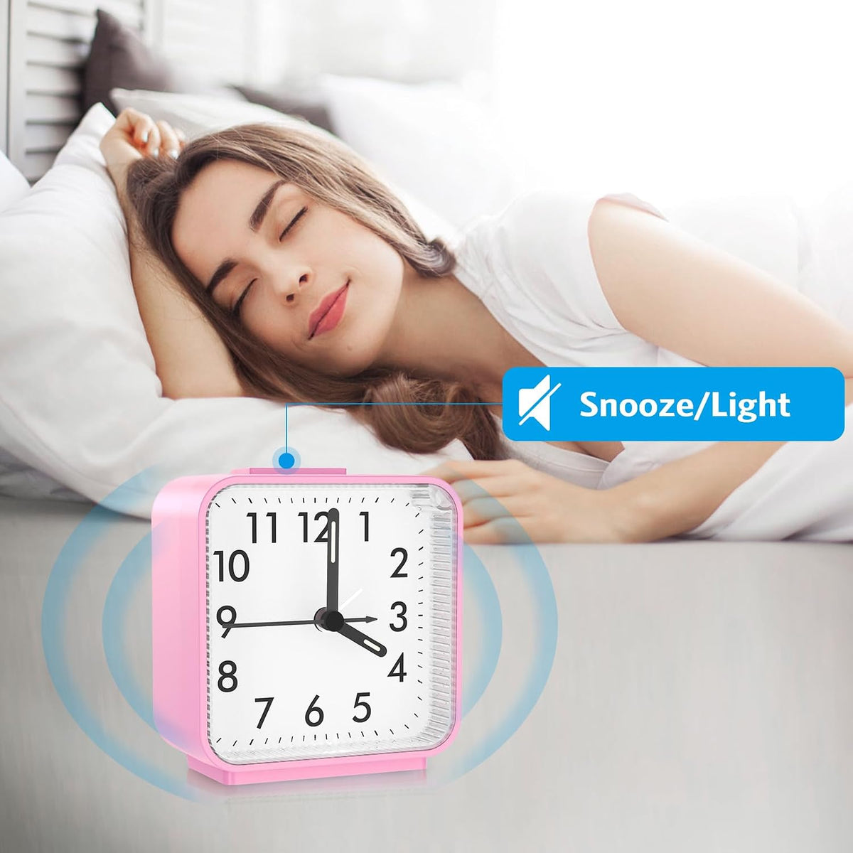 Silent Analog Alarm Clock, Small Battery Operated Clock with Snooze