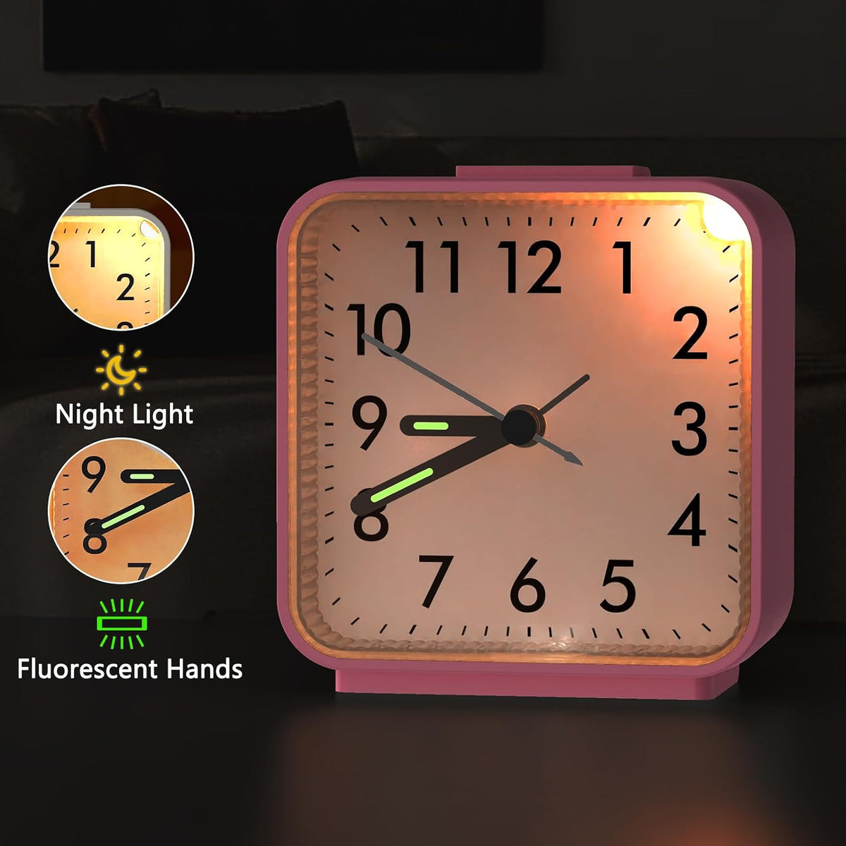 Silent Analog Alarm Clock, Small Battery Operated Clock with Snooze