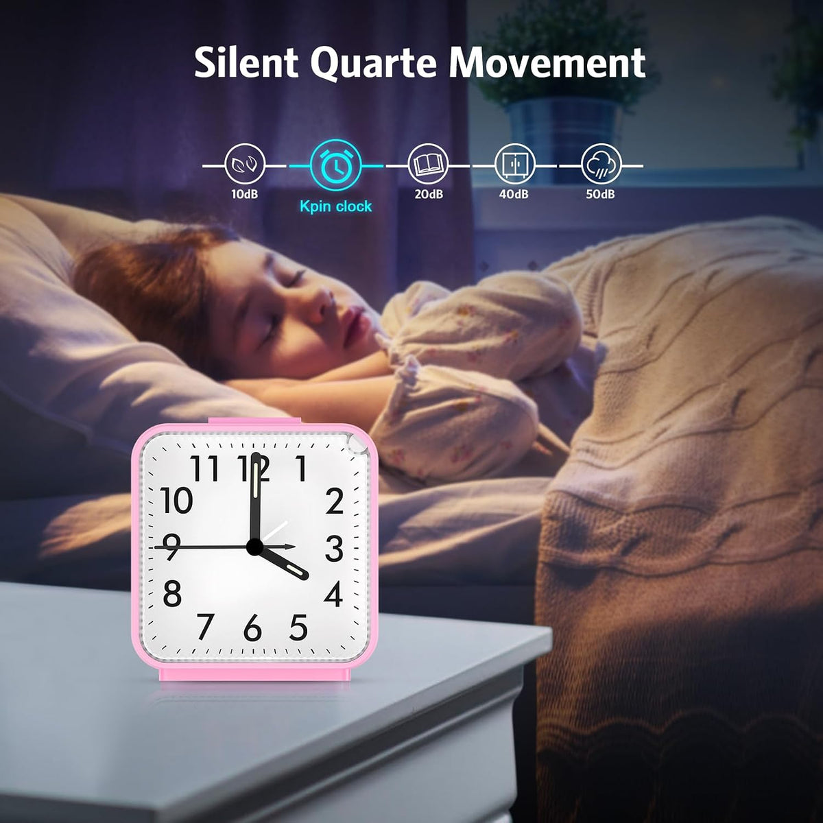 Silent Analog Alarm Clock, Small Battery Operated Clock with Snooze