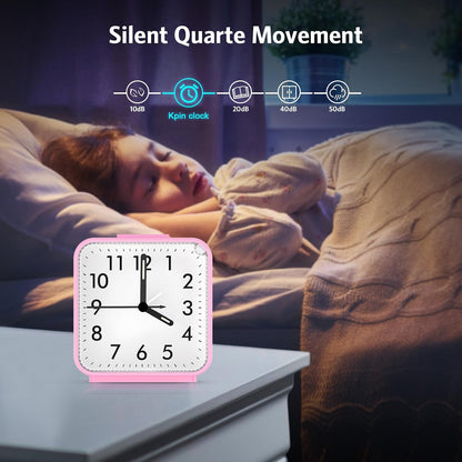 Silent Analog Alarm Clock, Small Battery Operated Clock with Snooze