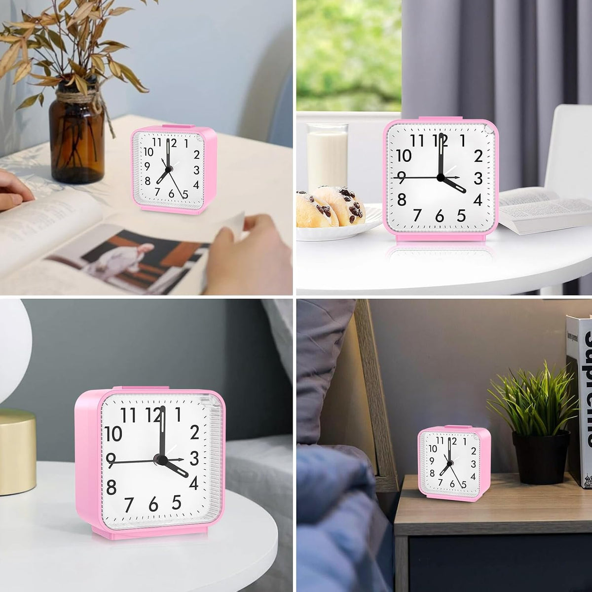 Silent Analog Alarm Clock, Small Battery Operated Clock with Snooze