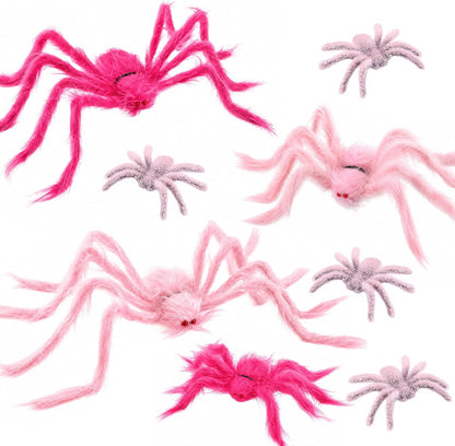 8 Pcs Halloween Pink Fuzzy Spider Decorations, Giant Pink Hairy Spider Set