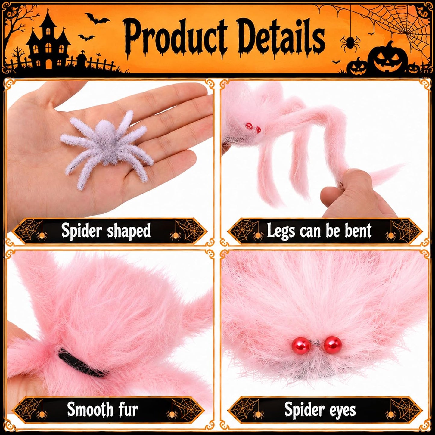 8 Pcs Halloween Pink Fuzzy Spider Decorations, Giant Pink Hairy Spider Set