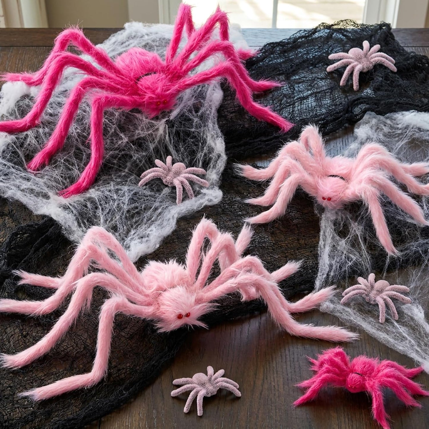 8 Pcs Halloween Pink Fuzzy Spider Decorations, Giant Pink Hairy Spider Set