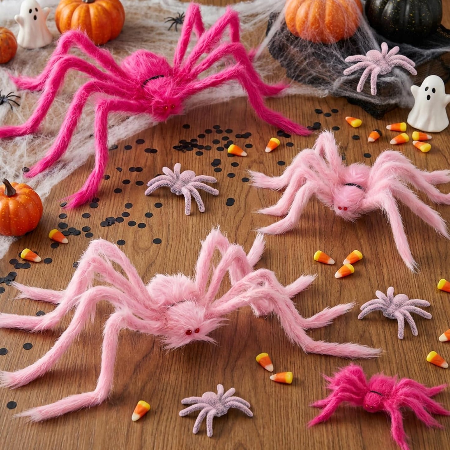 8 Pcs Halloween Pink Fuzzy Spider Decorations, Giant Pink Hairy Spider Set