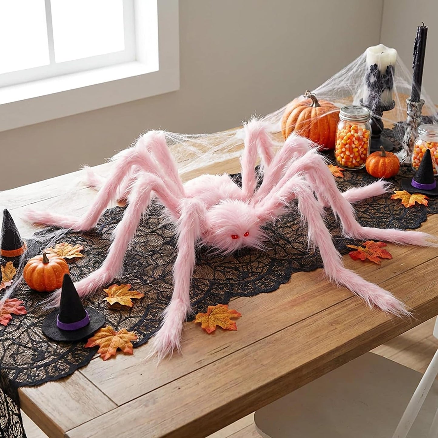 8 Pcs Halloween Pink Fuzzy Spider Decorations, Giant Pink Hairy Spider Set