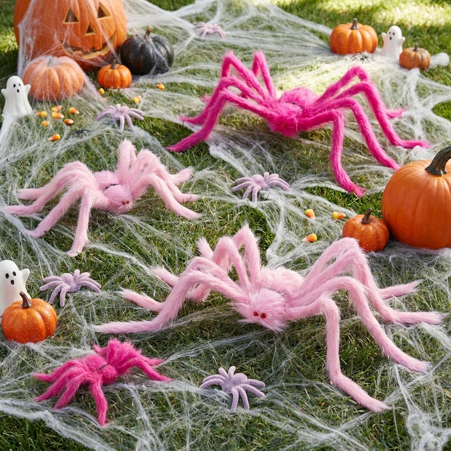 8 Pcs Halloween Pink Fuzzy Spider Decorations, Giant Pink Hairy Spider Set